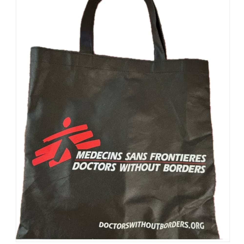 Doctors Without Borders Black Tote Bag Academia with red & white DWB logo